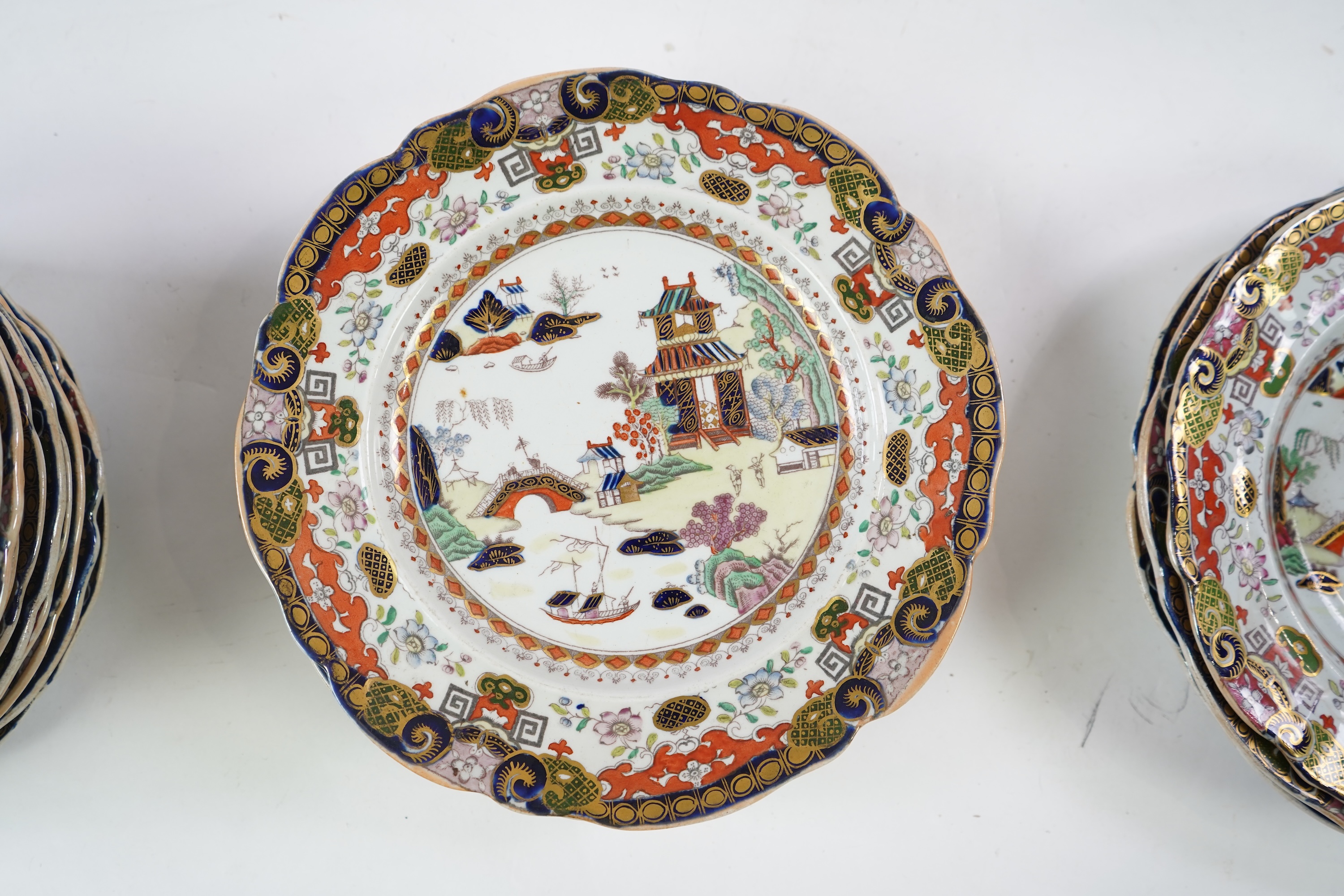 A Masons ironstone landscape pattern part dinner service, first half 19th century